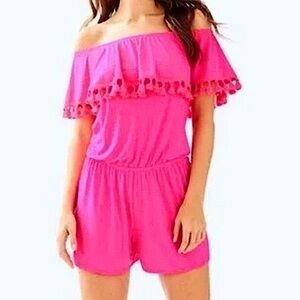 Lilly  Pulitzer La Fortuna Off Shoulder Romper hot pink Tassels